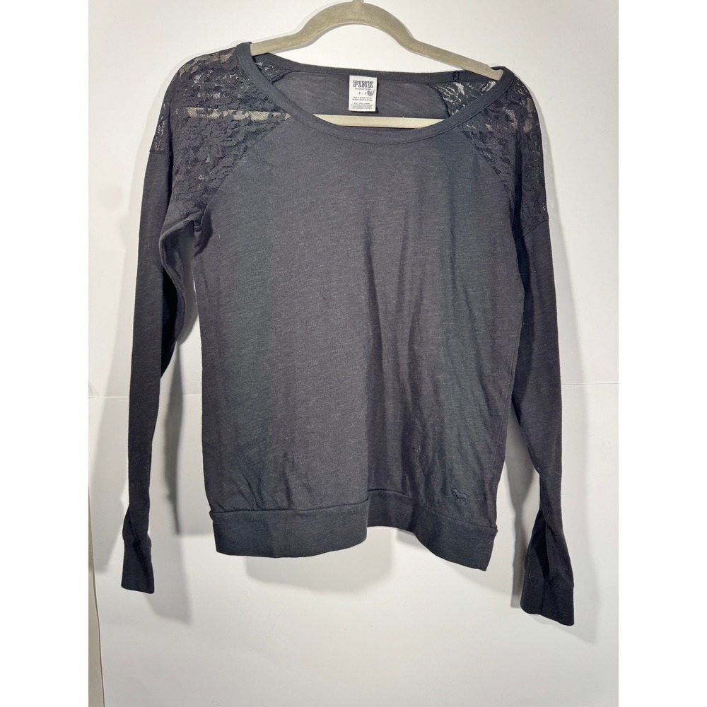 PINK Victoria Secret Long Sleeve Top Women Small Black Lace Shoulder Lightweight